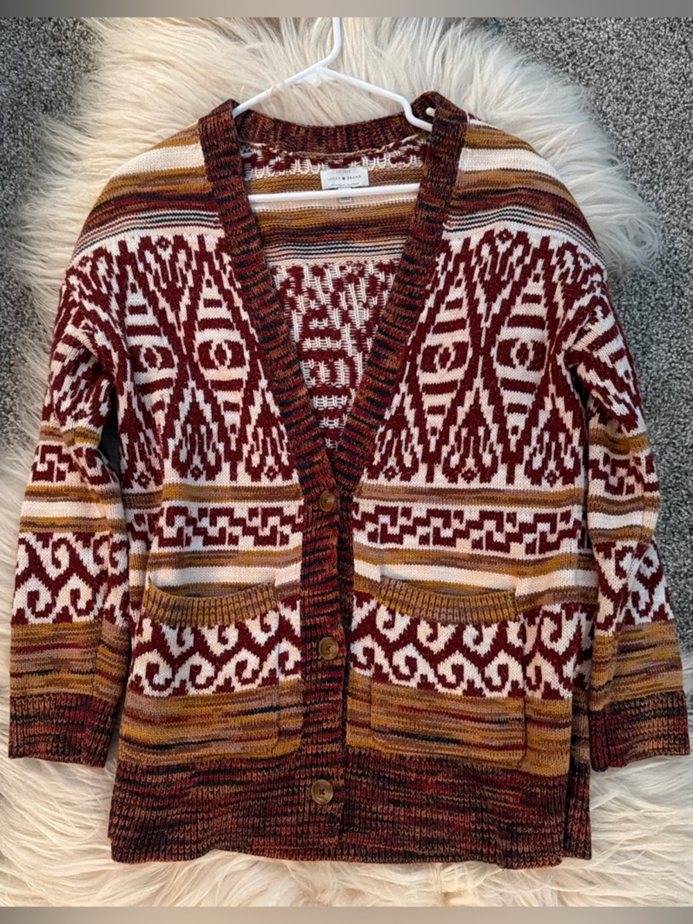 Lucky Brand Women's Rust and Cream Patterned Button-Front Cardigan Sweater